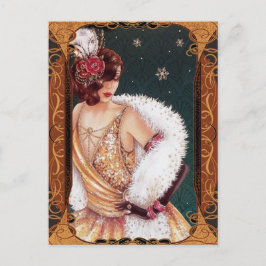 金色のスパンコールのドレスのクリスマス・フラッパー・ガール ポストカード