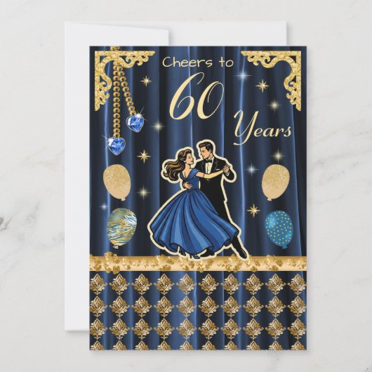 金色のダンスカップルと祝う60歳の誕生日 招待状 (正面)