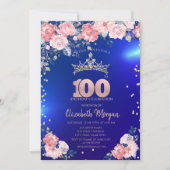 金色のティアラ ダイヤモンド 花 青い100歳の誕生日 招待状 (正面)