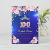 金色のティアラ ダイヤモンド 花 青い100歳の誕生日 招待状 (スタンド正面)