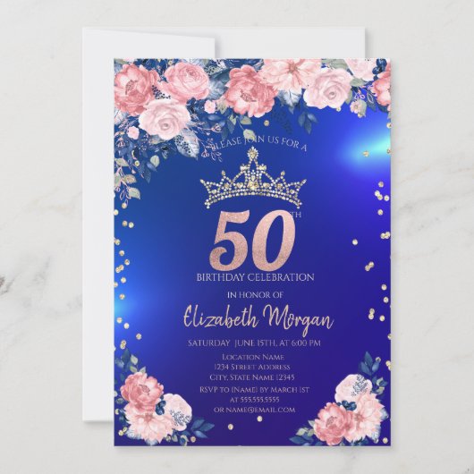 金色のティアラ ダイヤモンド 花 青い 50歳の誕生日 招待状 (正面)