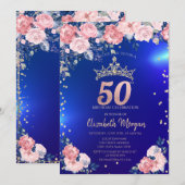 金色のティアラ ダイヤモンド 花 青い 50歳の誕生日 招待状 (正面/裏面)