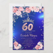 金色のティアラ ダイヤモンド 花 青い 60歳の誕生日 招待状 (正面)