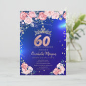 金色のティアラ ダイヤモンド 花 青い 60歳の誕生日 招待状 (スタンド正面)