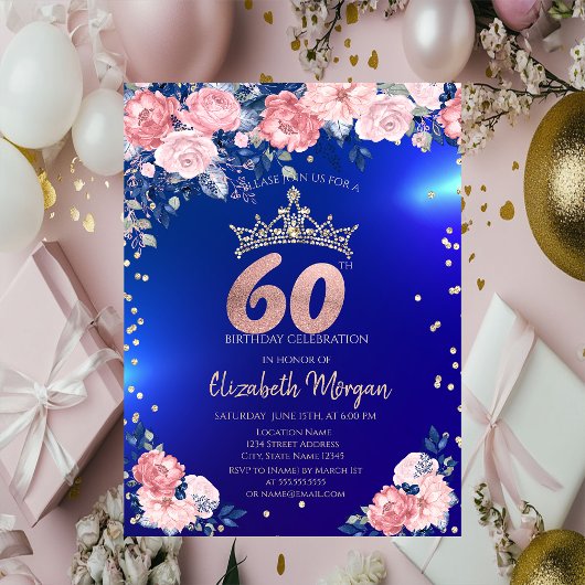 金色のティアラ ダイヤモンド 花 青い 60歳の誕生日 招待状