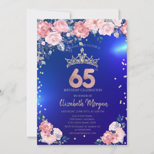 金色のティアラ ダイヤモンド 花 青い 65歳の誕生日 招待状 (正面)