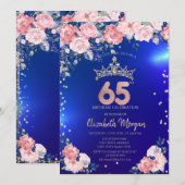 金色のティアラ ダイヤモンド 花 青い 65歳の誕生日 招待状 (正面/裏面)
