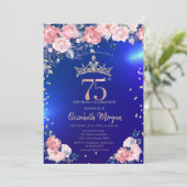 金色のティアラ ダイヤモンド 花 青い 75歳の誕生日 招待状 (スタンド正面)