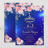金色のティアラ ダイヤモンド 花 青い 75歳の誕生日 招待状 (正面/裏面)