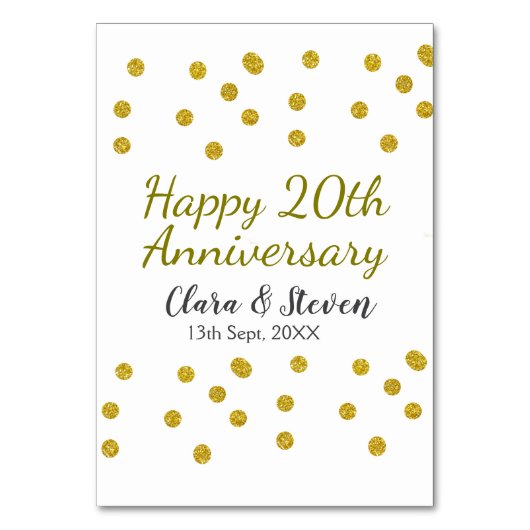 金色のドットがきらきらと輝く幸せな20周年結婚記念日 テーブルナンバー (正面)