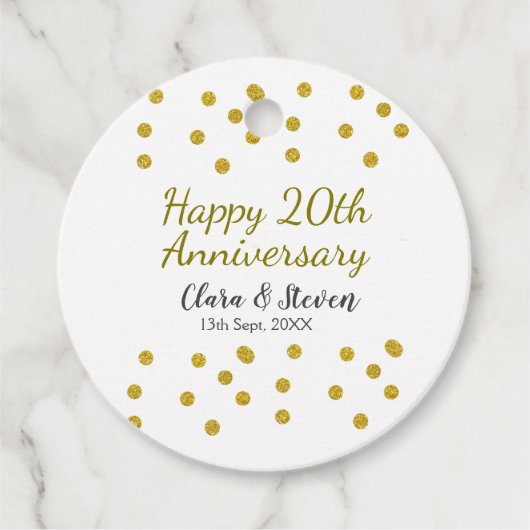金色のドットが輝くハッピー20周年記念結婚式 フェイバータグ (正面)