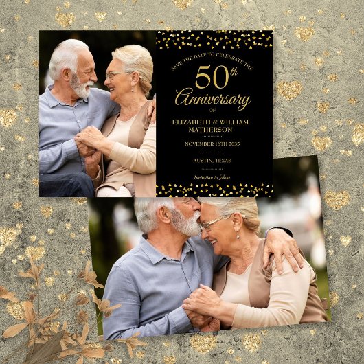 金色のハートが舞う50周年記念結婚式フォトフレーム 2枚の写真 セーブザデート