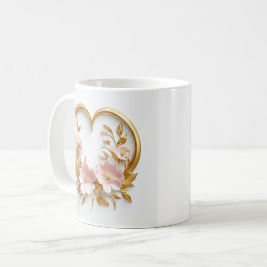 金色のハートと繊細なピンクの花 コーヒーマグカップ (正面左)