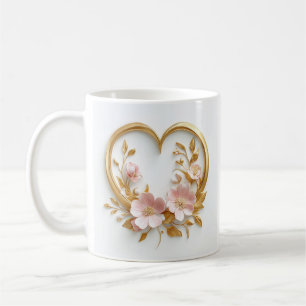 金色のハートと繊細なピンクの花 コーヒーマグカップ