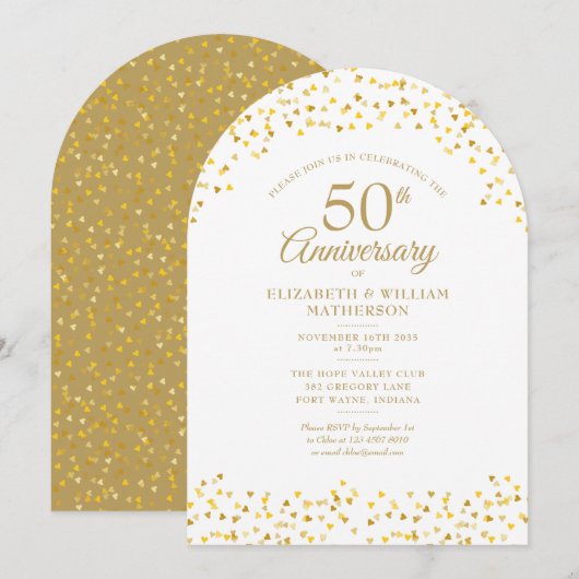 金色のハートのアーチの50回目の結婚記念日デザイン 招待状 (正面/裏面)
