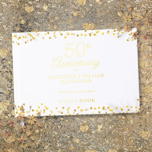 金色のハートの紙吹雪を使った結婚50周年記念 ゲストブック