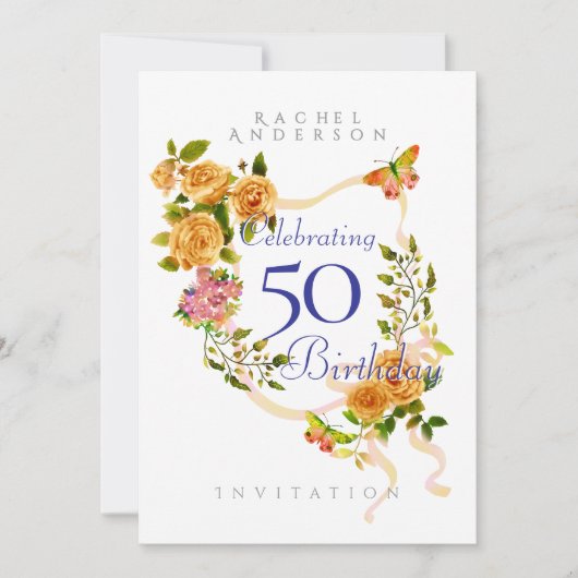 金色のバラのリボンの50歳の誕生日招待状 シーズンカード (正面)