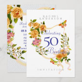 金色のバラのリボンの50歳の誕生日招待状 シーズンカード (正面/裏面)