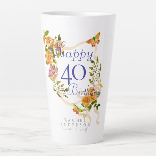 金色のバラのリボン 40歳の誕生日 カフェラテマグ (正面)