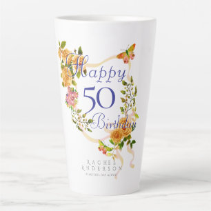 金色のバラのリボン 50歳の誕生日 カフェラテマグ