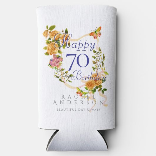 金色のバラのリボン 70歳の誕生日クーラー スリム缶クーラー (正面)