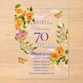 金色のバラのリボン 70歳の誕生日招待状 アクリル招待状