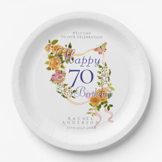 金色のバラのリボン 70歳の誕生日 ペーパープレート (正面)