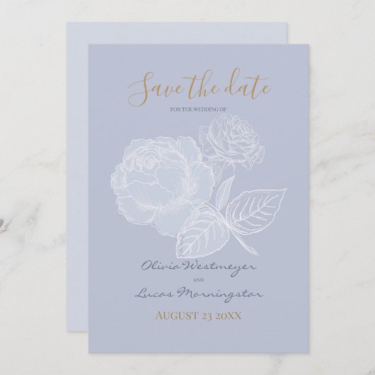 金色のバラほこりっぽい青い水色日付を保存 招待状 (正面/裏面)