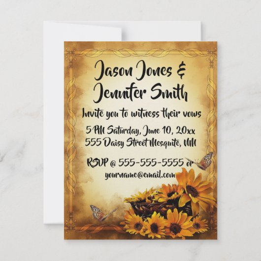 金色のヒマワ結婚リと蝶 招待状 (裏面)