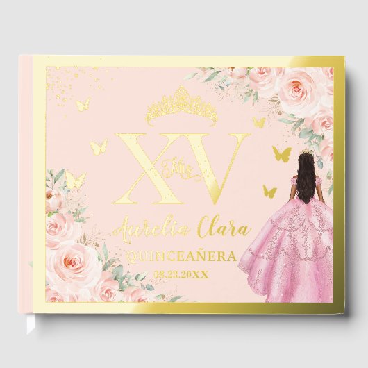 金色のピンクの花のキンセañera 15歳の誕生日XV ゲストブック (正面)