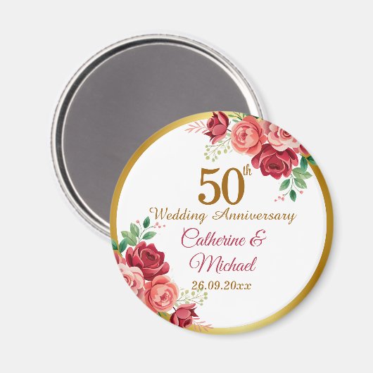 金色のフレームと花で飾る50回目の結婚記念日 マグネット (正面/裏面)