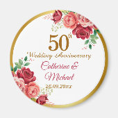 金色のフレームと花で飾る50回目の結婚記念日 マグネット (正面)