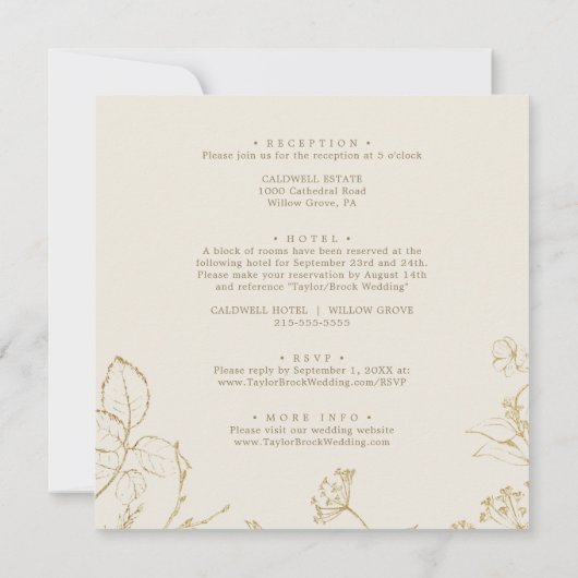 金色のフローラネイビー金ゴールドすべて結婚の1平方 招待状 (裏面)