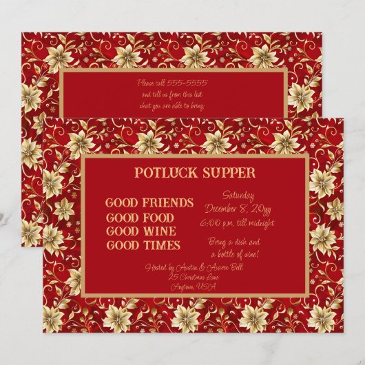 金色のポインセチアの赤いクリスマスポットラックディナー 招待状 (正面/裏面)