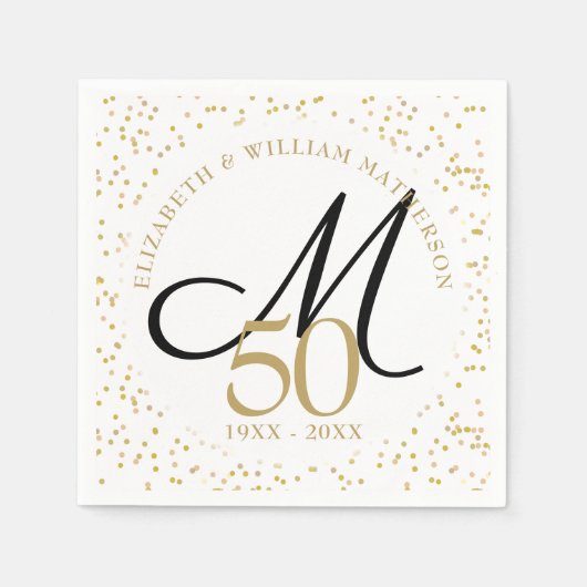 金色のモノグラムで祝う結婚50周年記念 スタンダードカクテルナプキン (正面)