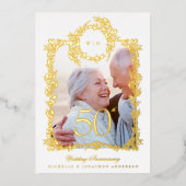 金色のモノグラムの月桂樹の輪 50周年記念結婚記念日 箔招待状 (正面)