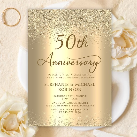 金色のラメメタリックな結婚50周年記念 招待状