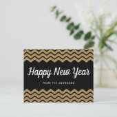 金色のラメ入り黒いジグザグストライプの新年の挨拶 シーズンポストカード (スタンド正面)