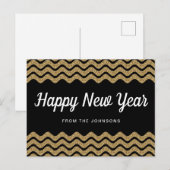 金色のラメ入り黒いジグザグストライプの新年の挨拶 シーズンポストカード (正面/裏面)