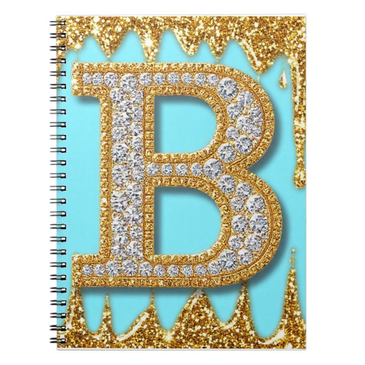 金色のラメ背景に輝くダイヤモンドの文字B ノートブック (正面)