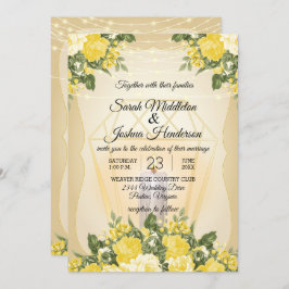 金色のランタンと黄色の花のウェディング 招待状