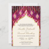 金色のランタン マゼンタ ピンク インド カップル 結婚式 招待状 (裏面)