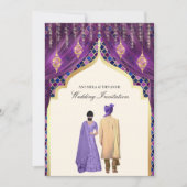 金色のランタン 紫のインドのカップルの結婚式 招待状 (正面)