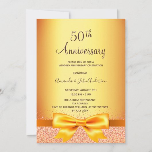 金色のリボンの50回目の結婚記念日 招待状 (正面)