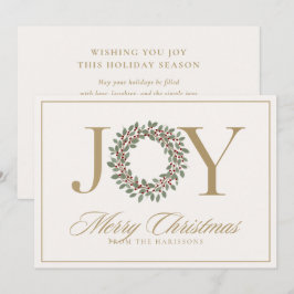 金色のリースに囲まれた「Joy」という文字のクリスマスカード シーズンカード