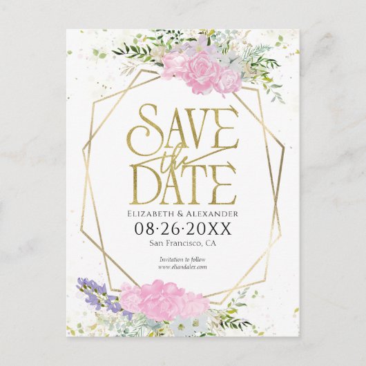 金色のワイルドフラワーの春の結婚式日付を保存 ポストカード (正面)