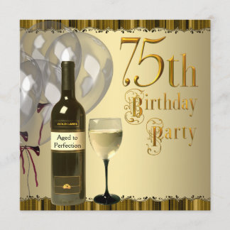金色のワイングラスとボトル 75歳の誕生日パーティー 招待状