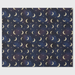 金色の三日月と星の夜空パターン ラッピングペーパー