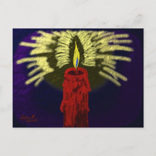 金色の光とナイトブルーの背中を持つ赤いロウソク ポストカード (正面)