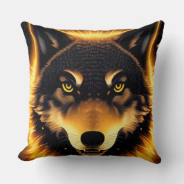 金色の光に照らされたラジアントウルフ顔 クッション